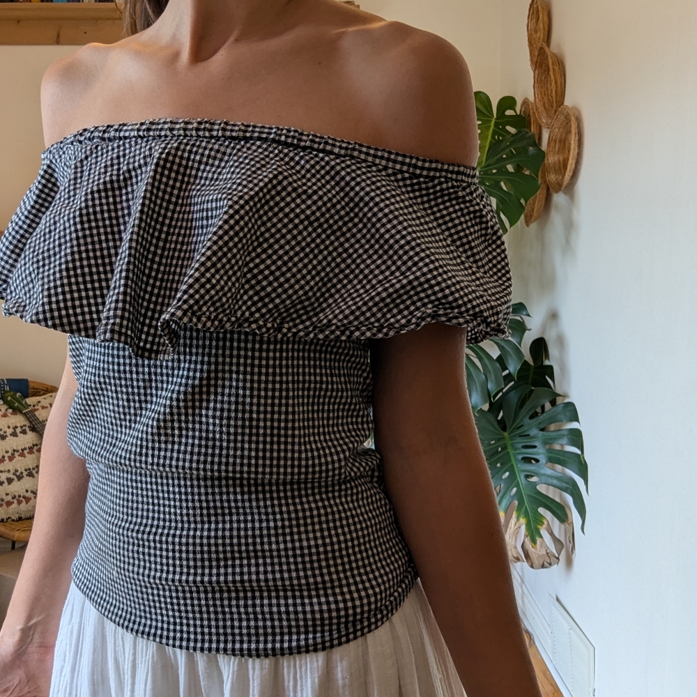 Rebel Sugar Black and White Off-Shoulder Gingham Blouse